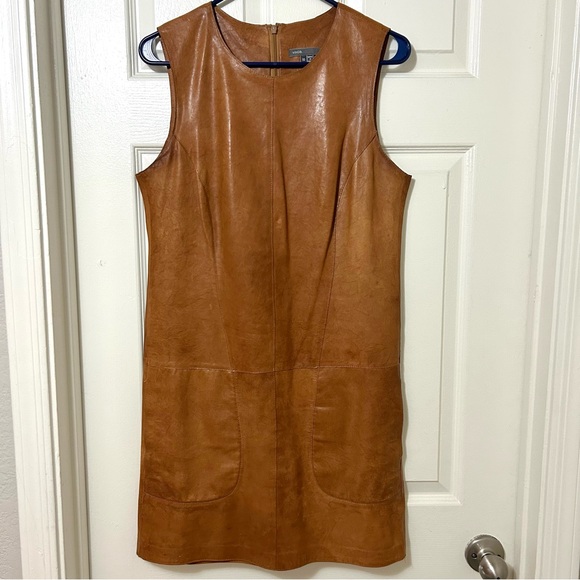 Vince Cognac Brown 100% Leather Mini Shift Dress Size 10 - Picture 2 of 16